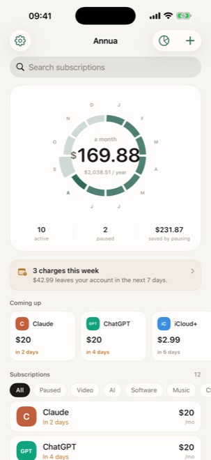 The Annua home screen: the year ring showing US$169.88 a month, totals for active and paused subscriptions, the charges due this week, and the subscription list below