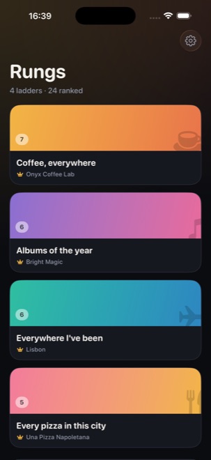 The Rungs home screen: four ladders — Coffee, everywhere; Albums of the year; Everywhere I've been; Every pizza in this city — each a coloured card showing its current number one