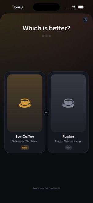 A Rungs comparison: two coffee shop cards side by side under the question Which is better?, with a new entry on the left and the current number two on the right