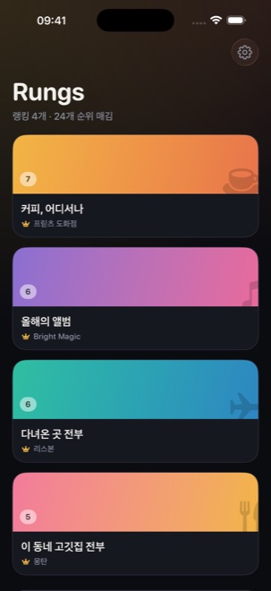 Rungs 홈 화면. 커피, 올해의 앨범, 다녀온 도시, 이 동네 고깃집 네 개의 랭킹이 각각 현재 1위를 얹은 색색의 카드로 놓여 있다
