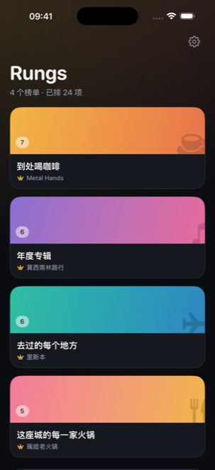 Rungs 主界面：四个榜单——到处喝咖啡、年度专辑、去过的每个地方、这座城的每一家火锅——每个都是一张彩色卡片，写着当前的第一名