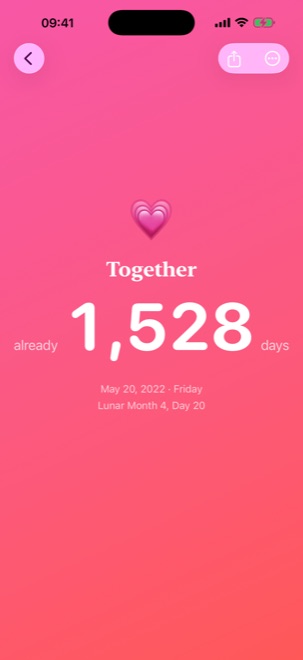 A SuiSui day detail screen on a pink theme: Together, already 1,528 days, above the date May 20 2022 and its lunar equivalent