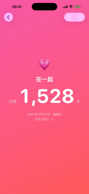 岁岁日子详情页：粉色主题下的「在一起」，大号显示已经 1,528 天，下方是 2022 年 5 月 20 日与农历四月二十